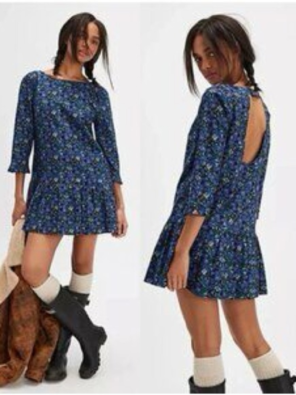 NEW Free People The Avenue Navy Blue Floral Open-Back Mini Dress